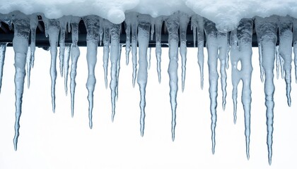 Long sharp icicles hang from roof on transparent background. Melting ice drip in winter. Season climate change weather and dangerous sharp thaw hazard.