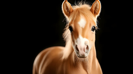 Naklejka premium Palomino foal portrait, dark background, studio shot, equine photography