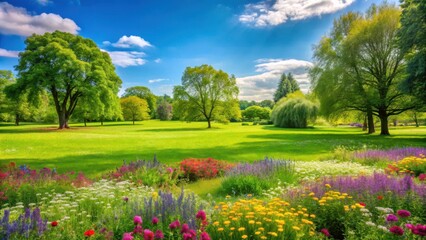 Obraz premium A lush green grass field in a public park with vibrant wildflowers and a few trees in the background, garden, landscape photography