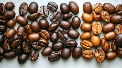 Roasted coffee beans, various roasts, marble background, food photography