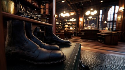 Handmade leather boots on display in a vintage shoe shop