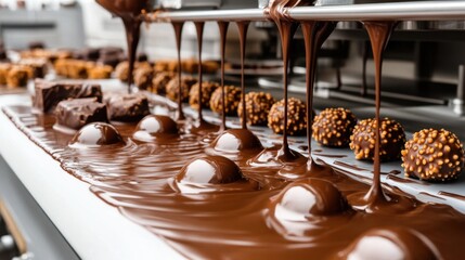 A chocolate production line with melted chocolate being shaped, cooled, and packaged.