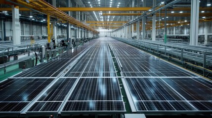 Fototapeta premium A clean energy production line with solar panels being assembled for sustainable power.