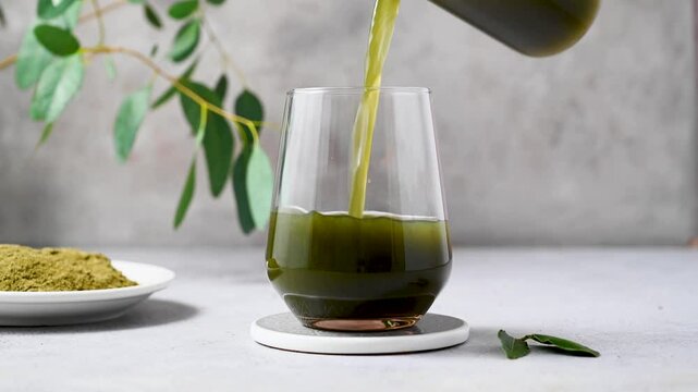 Moringa Matcha Wheatgrass Green Powder drink. Food supplement, healthy food lifesyle
