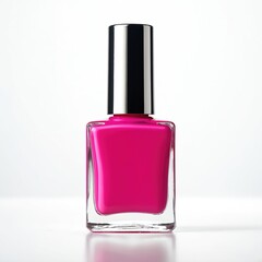 Close-up pink nail polish bottle with silver cap. Decorative cosmetics mockup, manicure, beauty, fashion concept. Nail art accessory on white background. Beauty product promotion.