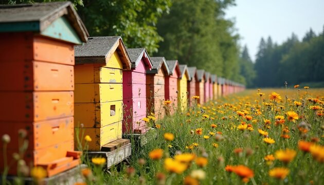 Many colorful painted wooden bee hives stand in nature with flowers. Beekeeping apiary in summer. Apiculture farm with honey bees in rural countryside. Pollination garden with honeycombs, pollen