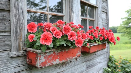Fototapeta premium Rustic Charm: Coral Flowers in Vintage Window Boxes