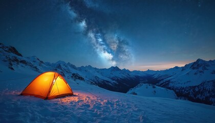 Illuminated tent glows in snowy mountains under starry sky. Tranquil alpine camping moment at night, nature vast splendor. Outdoor adventure, remote destination.