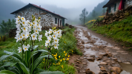 Obraz premium Foggy Rocky Uphill Road with White Dendrobium Orchids