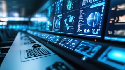 Obraz premium A futuristic industrial automation control center with holographic displays.