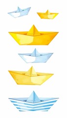 striped art drawn collection cut blank vacations childhood clip travel hand yellow elements summertime out symbol paper boats white folded classic blue different painting watercolour set paper boat