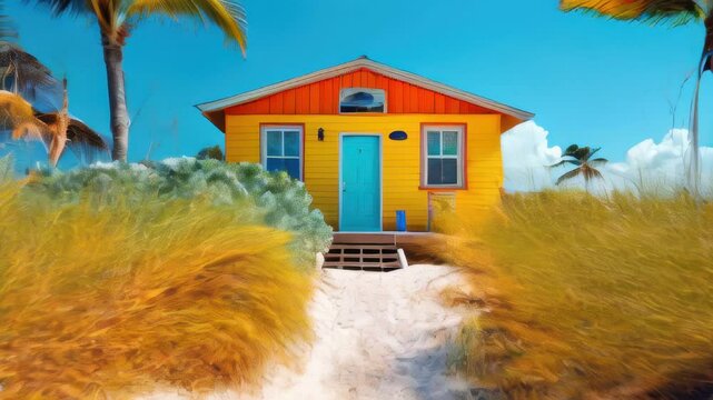 Brightly colored beach hut with blue door on sandy beach