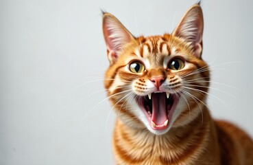Naklejka premium Close-up of ginger tabby cat with funny excited expression. Fluffy pet with open mouth bares fangs, looks angry, surprised, isolated on light background.