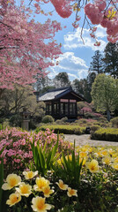 Obraz premium 和風ガーデンの絶景｜春爛漫の桜と美しい庭園の小道。スマートフォン9:16のアスペクト比 