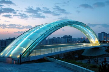Obraz premium A modern glass arch bridge glows with ambient lights, spanning a cityscape under the dusky sky.