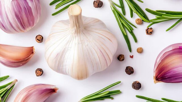Fresh garlic and onion arrangement with herbs and spices on white background