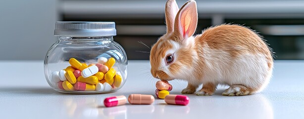 Cute Rabbit Exploring Colorful Pills in a Bright Kitchen Setting