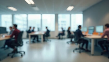 Fototapeta premium Blurred office scene with people sitting at desks. Modern corporate interior with business people working on computers. Abstract workplace background, team in meeting.