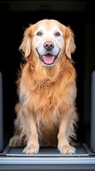 Golden Retriever Dog Sitting Proudly at the Entrance of a Vehicle