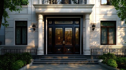 Elegant mansion entrance, grand door, sunny day, lush greenery