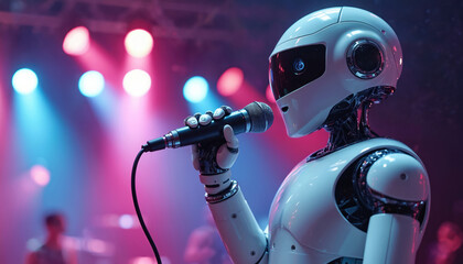 Robot performs concert on stage, singing into microphone under colorful lights. Futuristic, modern tech, AI music performance. Android artist entertains spectators with song.