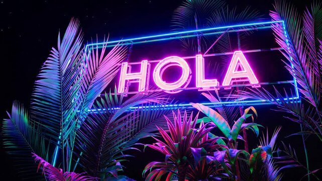 neon sign with the word 'hola' surrounded by tropical palm leaves at night, vibrant and colorful design concept