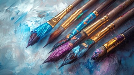 Obraz premium Row of artist paintbrushes closeup on white. Artistic brushes smeared with paints on white background.