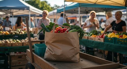 Fresh Produce at Farmers Market in Bag on Cart with Shoppers