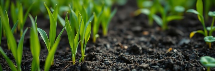 New green sprouts emerging with growth and vitality against rich dark soil