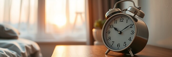 Naklejka premium Vintage alarm clock with a peaceful ambiance representing the start of a new day against a sunlit bedroom background