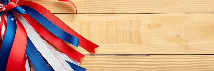 Fototapeta premium Ribbons in patriotic colors with a festive mood representing celebration against a wooden background