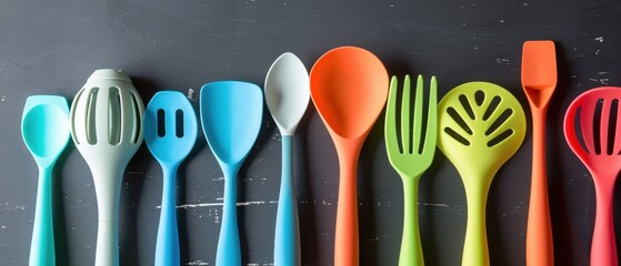 Vibrant silicone cooking utensils modern design clean studio light playful pops of color line up kitchen essentials in an organized display.