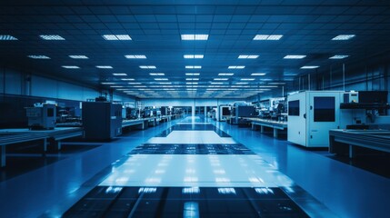 Obraz premium A modern glass-cutting factory with automated laser-guided cutting machines.