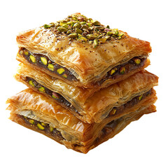 Assorted baklava pastries with honey syrup and pistachios, delicious Ramadan treat, isolated on transparent background, png