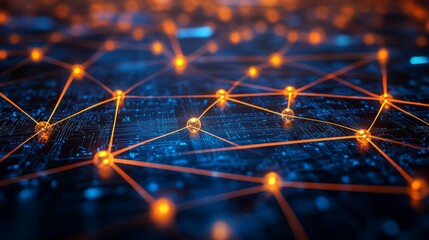 Digital network connections illuminated with glowing nodes in a technological landscape at night