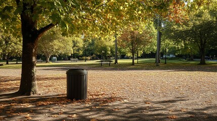 Fototapeta premium Autumn park, leaves, trash can, sunny day, tranquility
