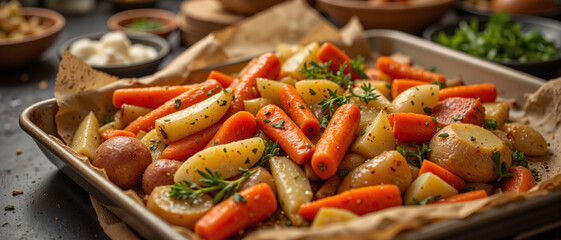 Healthy roasted root vegetables with vibrant colors and fresh herbs arranged on a baking tray showcasing a cozy and inviting winter meal