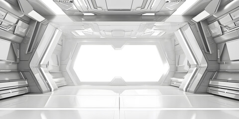 Futuristic white interior with sleek design and bright lighting