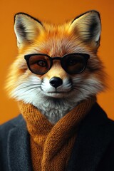Fox in suit and sunglasses, orange background, stylish portrait