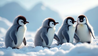 Obraz premium Four little penguin chicks stand in the snow on background of mountains. Cute fluffy birds at Antarctica, winter scene. Wildlife animals, baby penguins in wild nature.