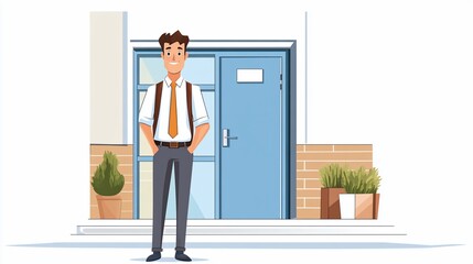 A Man In Front Of A Blue Door And Plants With A White Background