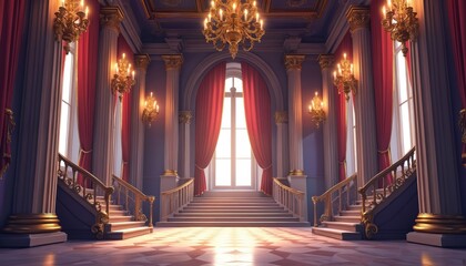 Obraz premium Illustration of medieval banquet room with columns, stairways, curtained windows, chandeliers. Interior of castle hall in baroque style for princess, king fairy tales or wedding backgrounds.