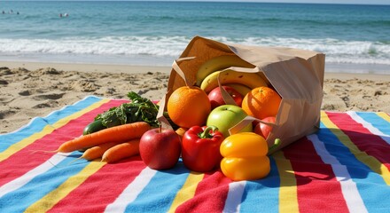 Beach Picnic with Fresh Fruits and Vegetables on a Striped Blanket