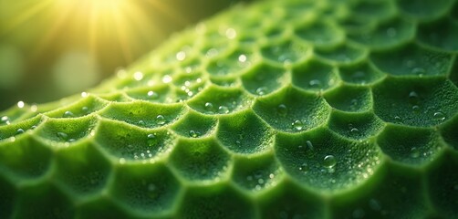 Close-up of plant cells covered in dewdrops in sun. Intricate natural patterns of hexagonal leaf segments, transparent water droplets in morning sunlight.