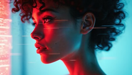 Profile portrait of black woman in neon red, blue light. Face side view with motion blur lines. Modern digital glitch art. Anonymous girl face, artistic profile.