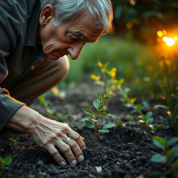 Hombre mayor plantando un &aacute;rbol, manos arrugadas tocando la tierra con luz suave del amanecer