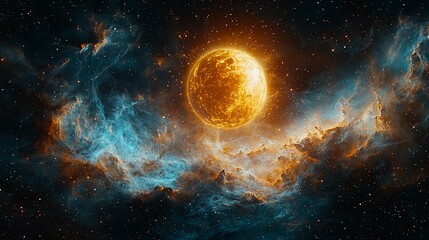 Obraz premium Cosmic Sun in Nebulae, Starry Interstellar Backdrop, Possible Use Space, Universe, Science, Education Stock Image