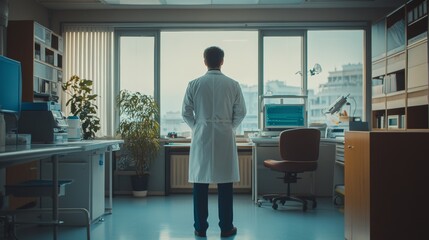 Medical professional standing in an office while looking out at a cityscape during early morning hours