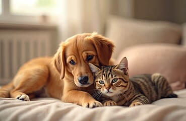 AI generated tabby cat kitten with golden retriever puppy lying together on a bed indoors. Fluffy animals portrait. Home pets canine, feline friendship, love and togetherness concept.