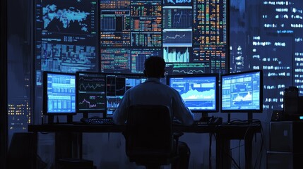 Trader analyzing financial data on multiple screens in a modern office setting at night